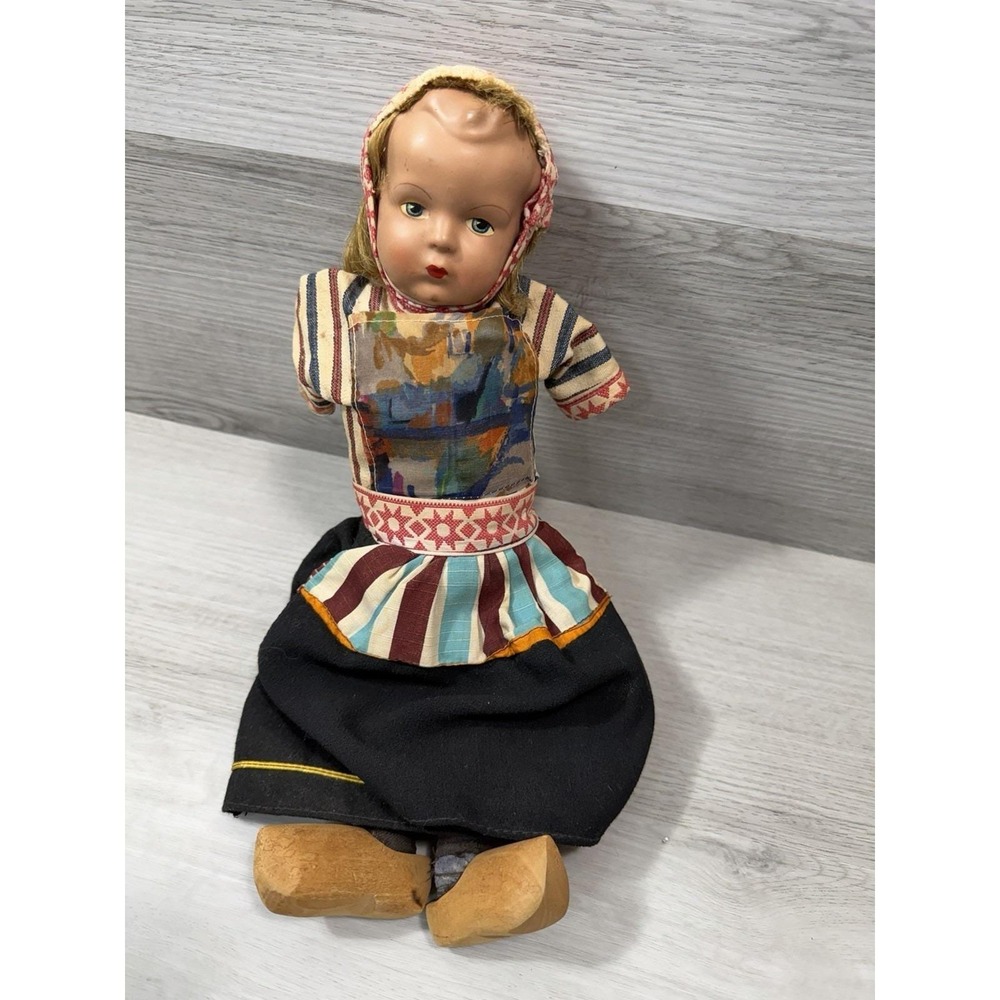 Dutch Holland Folk Costume Girl Doll 14" Hard Plastic Wooden Clogs VTG